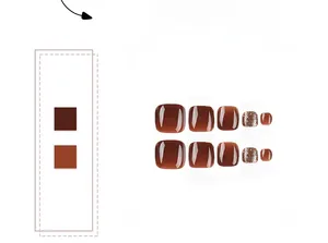 Detail of brown coffee press-on toenails with glitter and amber gradient finish