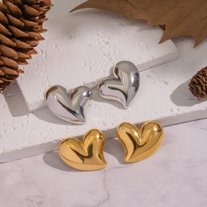 Polished heart stud earrings in gold and silver finish, stainless steel jewelry for women