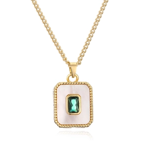 18K gold plated necklace with square shell pendant and green gemstone centerpiece