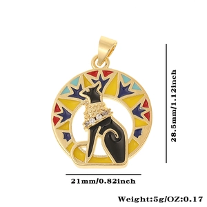 Detail showing dimensions of Egyptian Bastet cat pendant in gold-plated brass with enamel