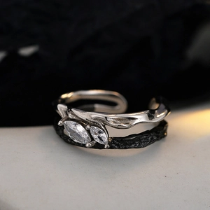 Dual-layer sterling silver ring with marquise zircon and vintage oxidized finish