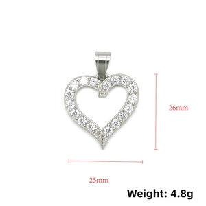 Detailed view of heart pendant in 316 stainless steel with cubic zirconia and dimensions