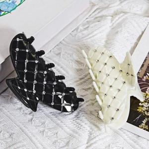 Elegant large checkered shark hair claw clips with rhinestones in black and cream beige