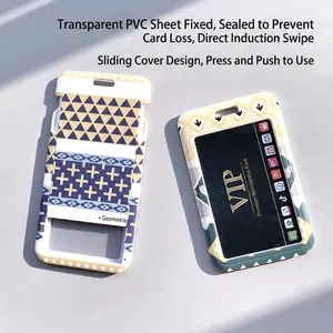 Modern geometric pattern slide-cover ID card holders with clear window and lanyard hole