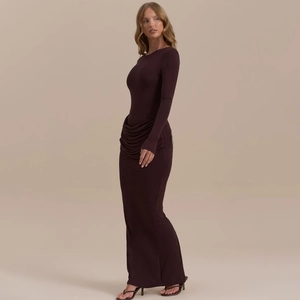 Slim fit long sleeve maxi dress in brown with ruched waist and split fishtail hem