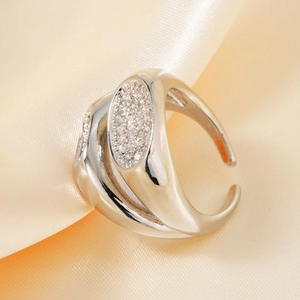 Silver double layer adjustable open ring with pavé-set clear cubic zirconia on silk