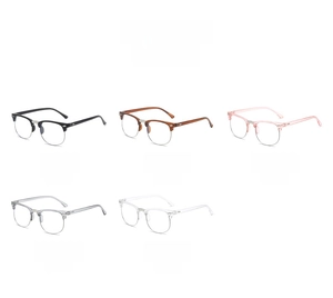 Detailed comparison of five semi-rimless glasses colors including black and transparent silver