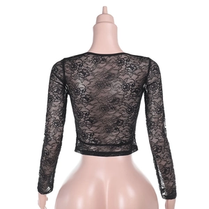 Vue arrière détaillée du haut court sexy en dentelle florale noire transparente pour femme