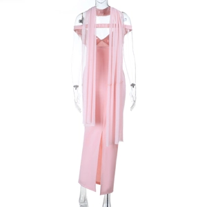Detailed view of pink bodycon fishtail evening dress with matching mesh shawl wrap accessory