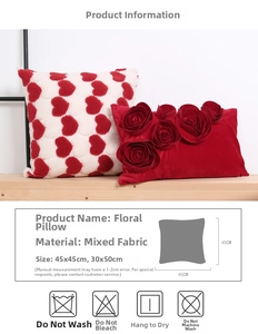 Detail of 3D velvet red rose and tufted heart pillowcases in 45x45cm and 30x50cm sizes