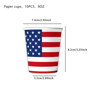 Detail view of 9oz American flag paper cups showing precise dimensions for party supply
