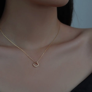 Minimalist S925 sterling silver square necklace with 14k gold irregular ring pendant