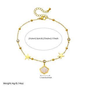 Gold stainless steel anklet with shell, starfish pendants and sparkling crystal accents