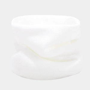 Detailed view of soft white knitted neck warmer texture with high elasticity fabric