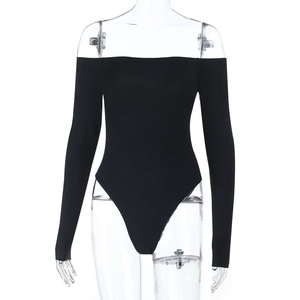 Detail of black off-shoulder long sleeve bodysuit with fine ribbed texture and slim fit
