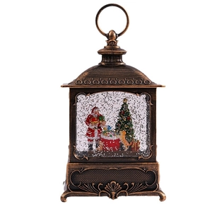 Vintage bronze Christmas snow globe lantern with Santa Claus and sparkling snow