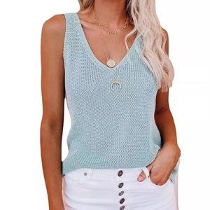 Women's summer V-neck knitted tank top in light blue ice silk fabric for a casual style
