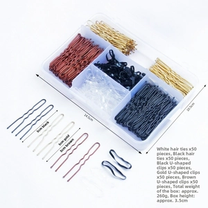 Hair clips set with U-shaped pins and rubber bands in a clear plastic storage box