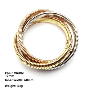 Detail view of 10mm tricolor interwoven spiral snake bone bracelet in gold, silver and rose gold
