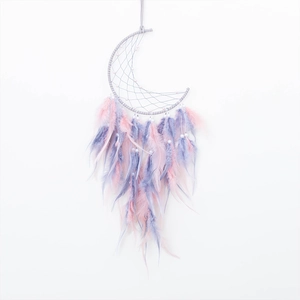 Moon-shaped dream catcher with pink and purple feathers and beads on white background