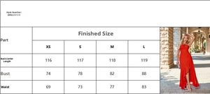 Detailed size chart for the elegant red halter neck backless maxi dress with slit