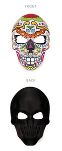 Front and back detail of a Halloween skull mask with colorful Day of the Dead floral patterns