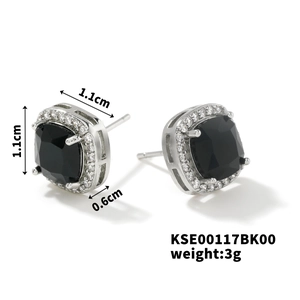 Detailed view of square black gemstone stud earrings with dimensions 1.1cm x 1.1cm