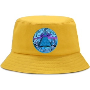 Yellow bucket hat featuring a central pyramid and eye graphic for outdoor sun protection