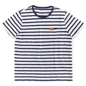 Detailed view of blue and white striped t-shirt with chest pocket and orange logo tag