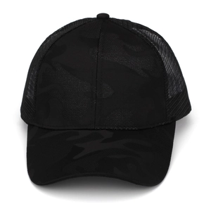 Women's black camouflage ponytail mesh hat featuring a sun protection visor for outdoor sports