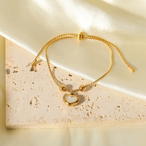 French Retro Heart Pendant Bracelet Stainless Steel 18K Gold Plated White Shell Adjustable Slider Bead Minimalist Jewelry