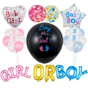 Gender reveal balloon set with Boy or Girl foil balloons and pink blue confetti