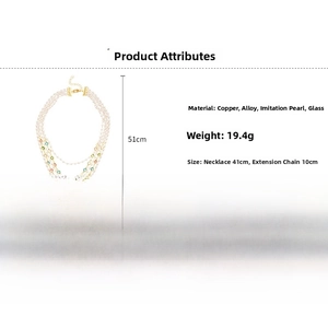 Detailed spec sheet of multi-layer pearl necklace with copper and glass bead materials