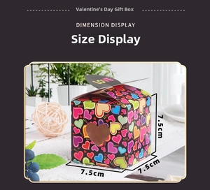 Detail view of a square heart-patterned gift box with LOVE handle and 7.5cm dimensions