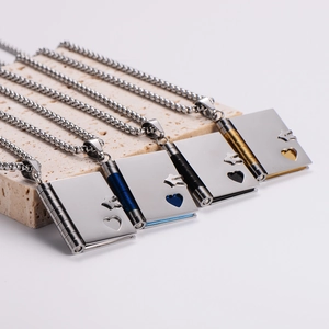 Book-shaped heart stainless steel pendant necklaces in silver, blue, black, and gold