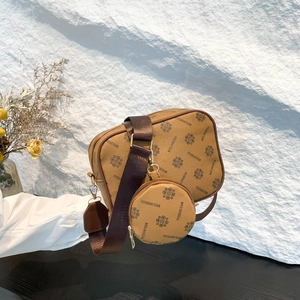Monogram Printed PU Leather Crossbody Bag With Round Coin Purse Wide Adjustable Strap Camera Bag Style For Women