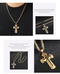 Detail showing two-tone layered cross pendants in gold and silver with woven chains