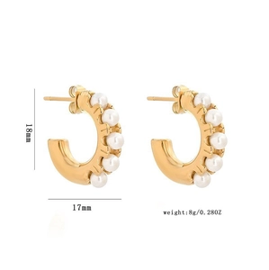 Fashionable gold C-shape stainless steel earrings with white pearls and size specs