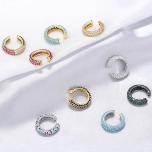 C Shape Ear Cuff Brass 18K Gold Plated Micro Pave Colorful Cubic Zirconia Non Pierced Clip On Earrings For Women