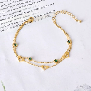 Fashion Stainless Steel Double Layer Bracelet For Women Gold Plated Hollow Heart Pentagram Star Rhinestone Charm Bracelet Gift Jewelry
