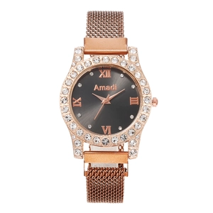 Montre quartz pour femme en or rose avec lunette diamantée et bracelet en maille noire