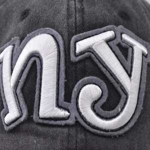 Distressed grey washed cotton baseball cap with white 3D NY embroidery detail