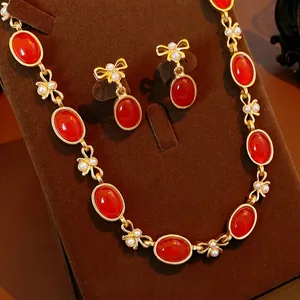 Vintage Court Style Red Resin Oval Necklace And Earrings Jewelry With Artificial Pearl Alloy Silver Earring Post For Women
