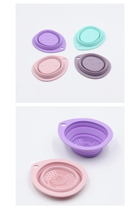 Foldable silicone makeup brush cleaning bowl set in purple, mint green and pink colors