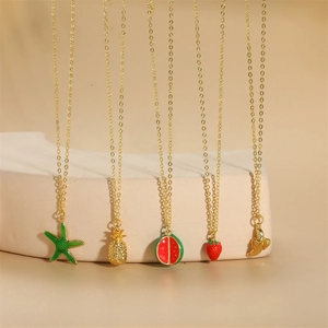 14k gold plated necklace set with enamel fruit pendants like watermelon and pineapple