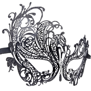 Detail of black lace masquerade mask with glitter finish and sparkling rhinestones