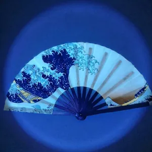 Detail of bamboo fan with The Great Wave off Kanagawa print and black ribs
