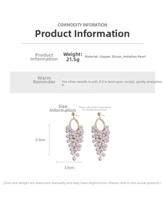 Detail view of pearl tassel earrings with cubic zirconia, size 9.5cm and weight 21.5g