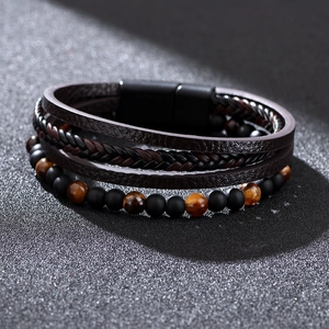 Men's multilayer leather bracelet with tiger eye beads and black magnetic clasp