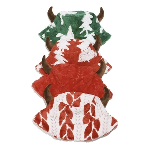 Close-up of plush bucket hats with reindeer antlers in green, red and festive patterns
